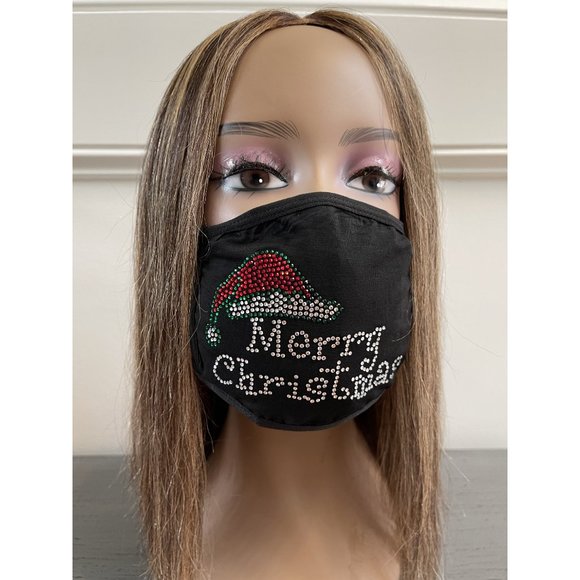 Christmas Face Mask Bling Merry Christmas With Santa Hat Rhinestone - Picture 6 of 9